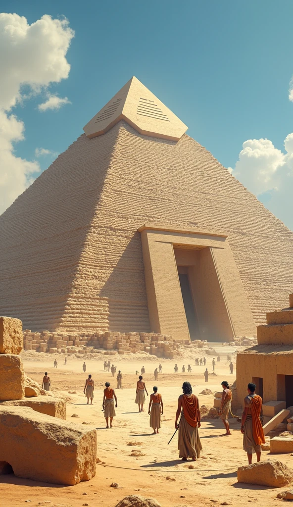 Create a detailed scene of the Egyptian pyramids under construction, showing the structure partially erected and without the finished stone blocks. The pyramids must be visibly unfinished, with the base and main layers visible, but with empty spaces where the stone blocks have not yet been placed. Show ancient Egyptian workers or architects involved in construction, and include rudimentary tools and equipment of the time. The setting must be in the desert, with the clear blue sky and the sun shining, creating an atmosphere that highlights the grandeur and monumental effort of the construction.