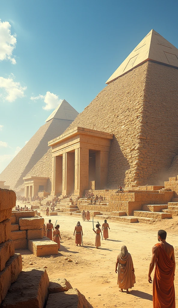 Create a detailed scene of the Egyptian pyramids under construction, showing the structure partially erected and without the finished stone blocks. The pyramids must be visibly unfinished, with the base and main layers visible, but with empty spaces where the stone blocks have not yet been placed. Show ancient Egyptian workers or architects involved in construction, and include rudimentary tools and equipment of the time. The setting must be in the desert, with the clear blue sky and the sun shining, creating an atmosphere that highlights the grandeur and monumental effort of the construction.