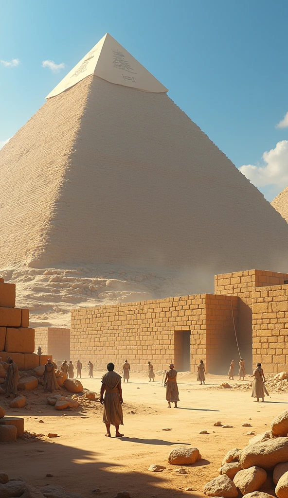 Create a detailed scene of the Egyptian pyramids under construction, showing the structure partially erected and without the finished stone blocks. The pyramids must be visibly unfinished, with the base and main layers visible, but with empty spaces where the stone blocks have not yet been placed. Show ancient Egyptian workers or architects involved in construction, and include rudimentary tools and equipment of the time. The setting must be in the desert, with the clear blue sky and the sun shining, creating an atmosphere that highlights the grandeur and monumental effort of the construction.