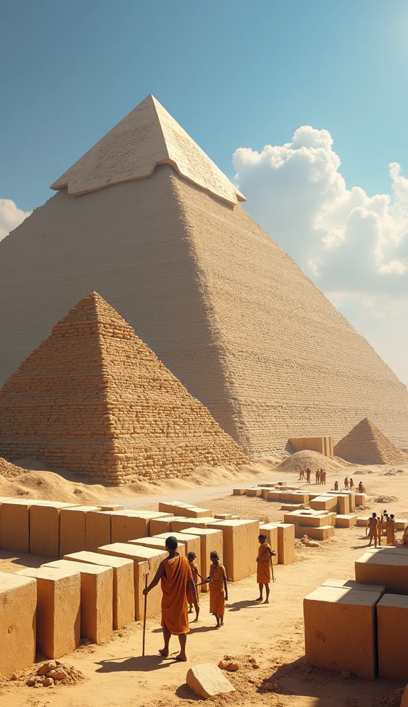 Create a detailed scene of the Egyptian pyramids under construction, showing the structure partially erected and without the finished stone blocks. The pyramids must be visibly unfinished, with the base and main layers visible, but with empty spaces where the stone blocks have not yet been placed. Show ancient Egyptian workers or architects involved in construction, and include rudimentary tools and equipment of the time. The setting must be in the desert, with the clear blue sky and the sun shining, creating an atmosphere that highlights the grandeur and monumental effort of the construction.