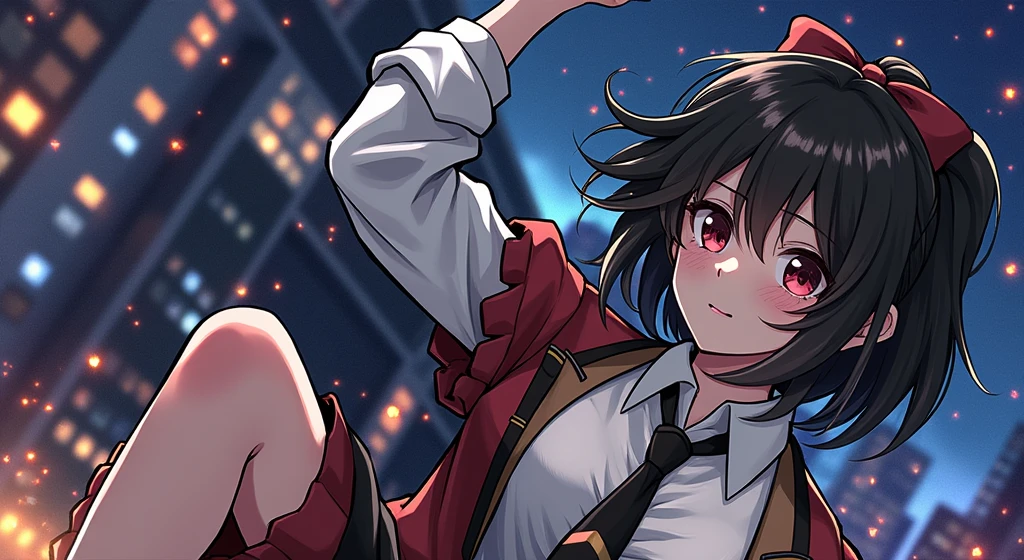 Make the female character's chest visible a little while in the image while being subdued