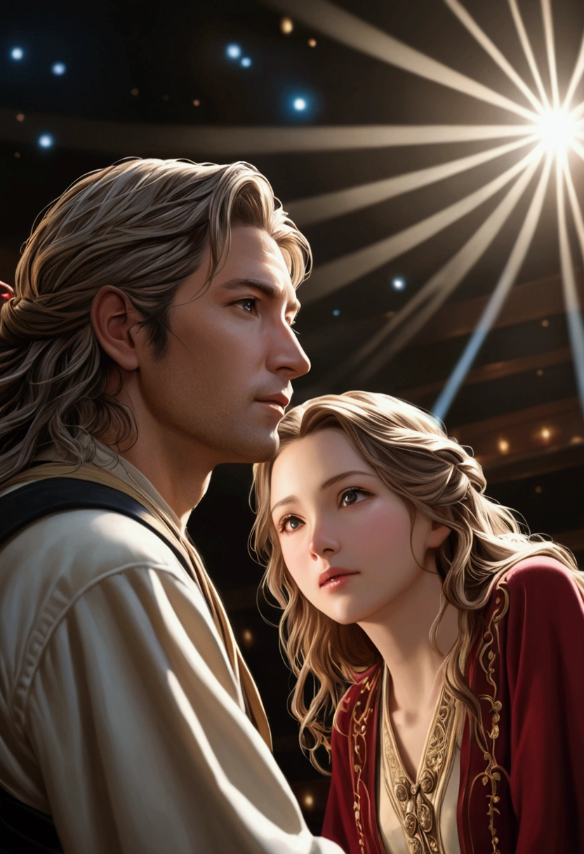(RAW Photos, Highest quality), (Realistic, photo-Realistic:1.3),Highest quality,Very detailed,masterpiece,Very detailed,figure,Two people,upper_body,Dynamic Angle,world masterpiece theater,Messy_length_hair,Highest quality,Very detailed壁紙,wonderful,Cinema Lighting,lens_Flare, JK