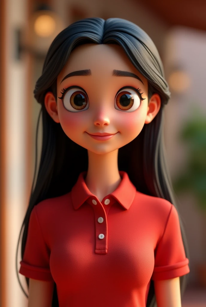 Cartoon characters of a young woman MEDIUM SKIN LONG BLACK STRAIGHT HAIR and a RED POLO shirt animation style rendering, 3D stylized, Arnold Maya rendering, Render 3D stylized, , 3D character, 3D character, Stylized 3D rendering, 3d character rendering, cartoon character, Close-up character, Character pose, (pixar style) (master part:1.2) (bokeh) (Best Quality) (detailed skin) (detailed texture) (8k) (clay) (cinematic lighting) (sharp focus