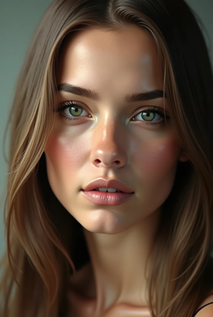 (photorealism 1.2) Very realistic pretty woman with a square jaw. a thin, closed mouth and a smooth chin. Highly detailed dark green eyes and light brown hair, smooth and long. Very detailed