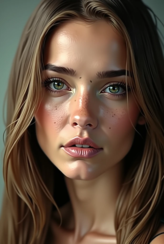 (photorealism 1.2) Very realistic pretty woman with a square jaw. a thin, closed mouth and a smooth chin. Highly detailed dark green eyes and light brown hair, smooth and long. Very detailed