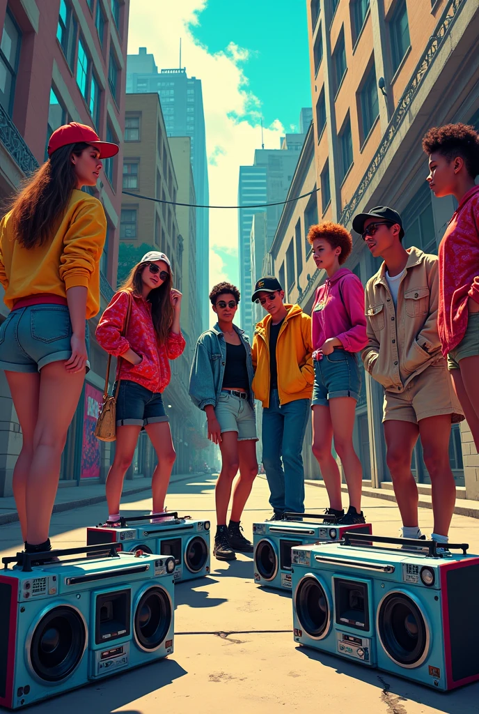Young people listening to boomboxes in the streets in the 80s