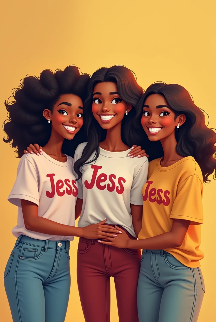 Trois amies filles qui portent des gros t-shirt qui sont écrits JESS et elles se tiennent la main en souriant . Elles sont s