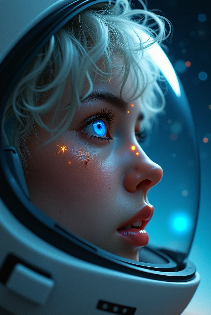 (Close-up of a better masterpiece:1.5)0.9], (Space and astronauts:1.2) (Messy silver hair:1.1) (Heterochromia xanthochromia and blue eyes:1.2) (Space Helmet:1.0) (Colored stars in the eyes:1.0) (A radiant glow:1.1) (thick lips:0.9)