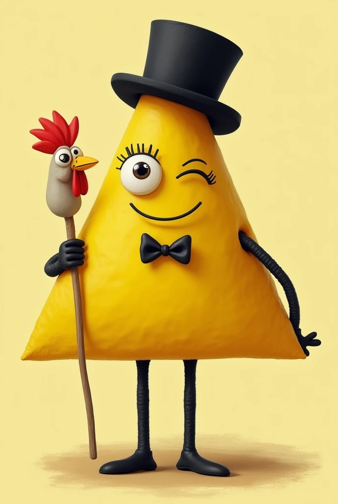 yellow triangle with one eye with eyelashes, bowtie, black tophat, black limbs holding a cock 

