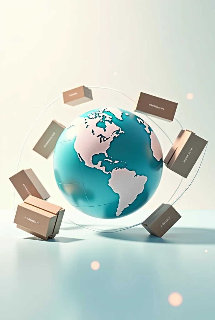 The image should depict a globe with small shipping boxes floating around it, symbolizing the global reach of our products. The boxes should be in motion, circling the earth, with each box displaying the name of one of our brands. This visual representation aims to showcase the international distribution and presence of our cosmetic products worldwide.