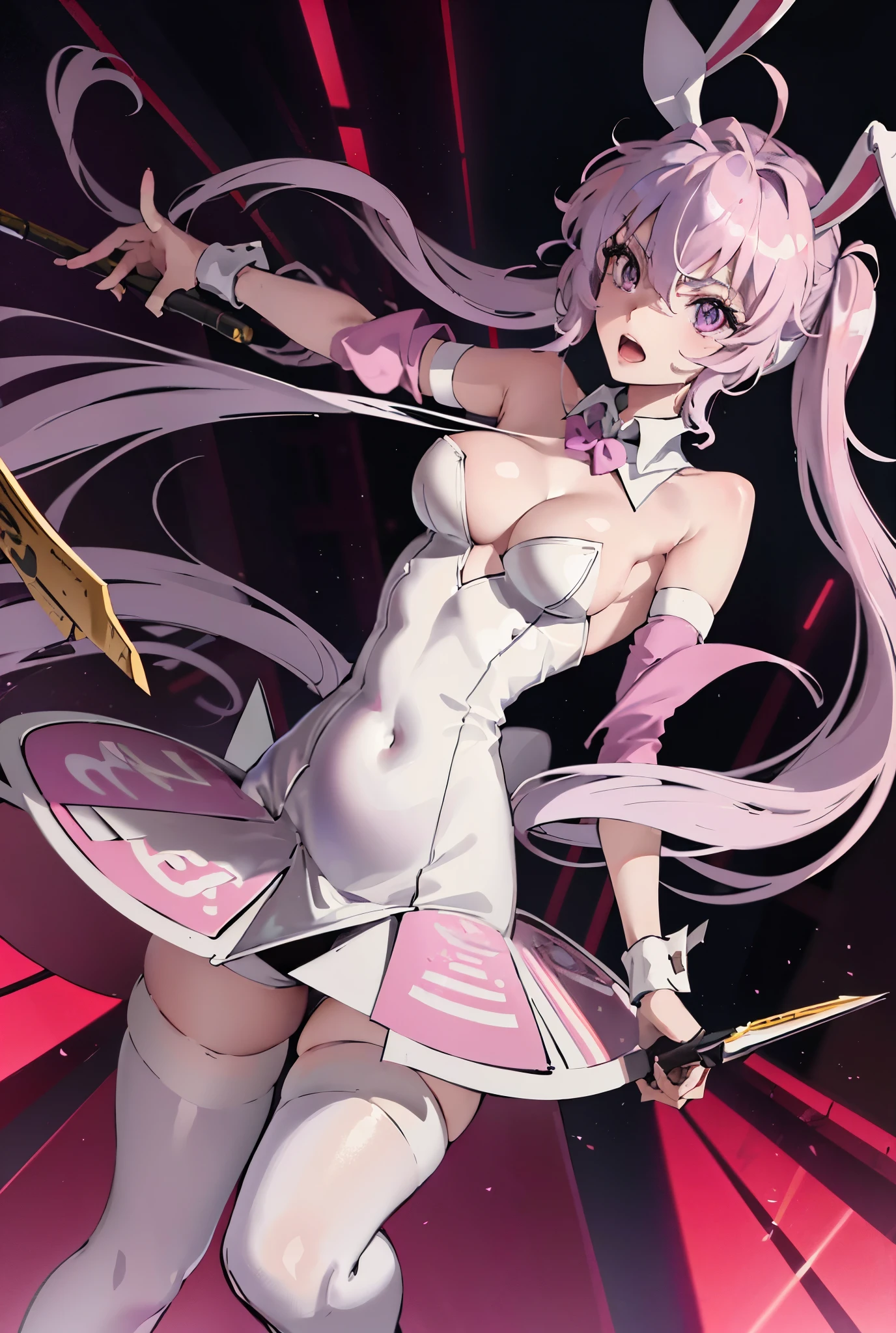 there is a girl dressed in a tight outfit holding a black object, 1girl, yukine chris, solo, rabbit ears, animal ears, breasts, long hair, playboy bunny, pantyhose, purple eyes, twintails, large breasts, fake animal ears, white background, cleavage, very long hair, full bodya very attractive anime women with long pink hair holds a knife and a pair of scissors, 1girl, yukine chris, solo, rabbit ears, animal ears, breasts, long hair, pantyhose, playboy bunny, microphone, purple eyes, large breasts, white background, twintails, cleavage, very long hair