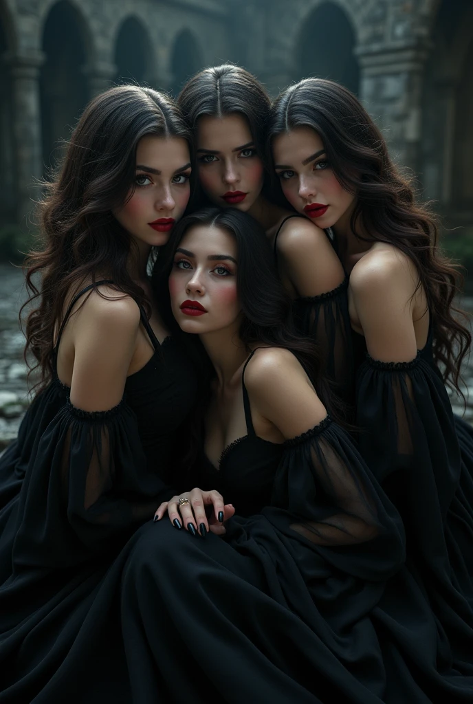 stunning dark fantasy harem, 5 ultra-sexy vampire girls, tangled together, extremely detailed, dramatic lighting, cinematic composition, moody colors, gothic, dark and mysterious, beautiful detailed eyes, beautiful detailed lips, extremely detailed eyes and face, long eyelashes, gothic medieval dress, elegant poses, seductive expressions, dark castle background, dramatic shadows, dramatic atmosphere, dark and moody, chiaroscuro lighting, rich color palette, deep blacks, dramatic highlights, gritty and textured, highly detailed and realistic, award-winning digital art, masterpiece, (best quality,4k,8k,highres,masterpiece:1.2),ultra-detailed,(realistic,photorealistic,photo-realistic:1.37)