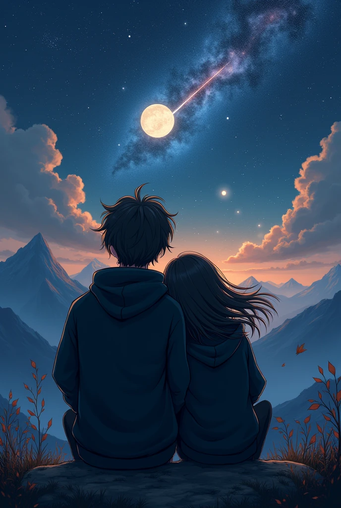 (photorealism:1.2),a boy and a girl sitting
on top of a mountain, wearing black hoodie, boys have long hair, girl lying her head on the boy's shoulder, both looking at the sky, darkish sky, moon shining , falling star, black clouds, sky full of stars, nebula on sky view from back, leaves are flowing