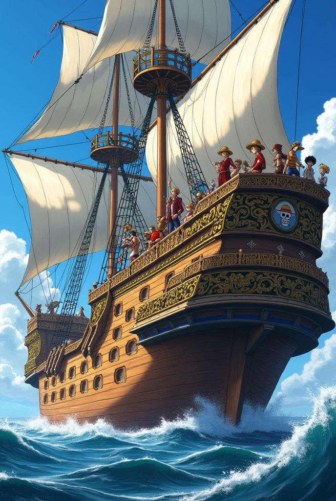 I want a picture of Luffy, Sandy, Zoro, US, Sanji, Chopper, Robin, Franky, Brook e Jimbe, on their pirate ship, the ship is more beautiful, mais bonito, much more, that puts fear into other pirates, much more fear, a gigantic fear, a huge ship, much bigger and stylish and terrifying, a little more of all this, that the ship matches their flock, a little more of all this 