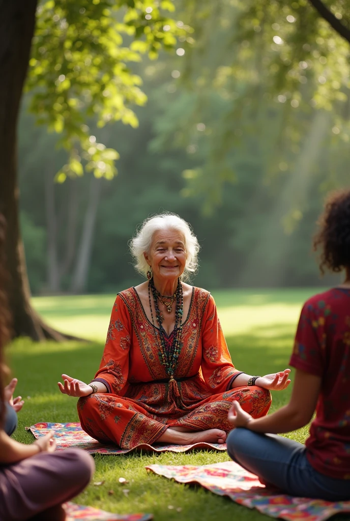 67-year-old lady of Mexican nationality, who is hippie and bohemian gives her meditation classes in the park