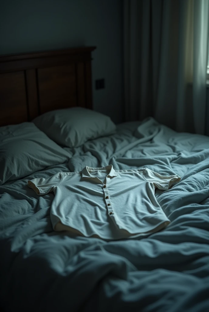 A messy bed in a dimly lit room and on top of the bed a white women&#39;s shirt




