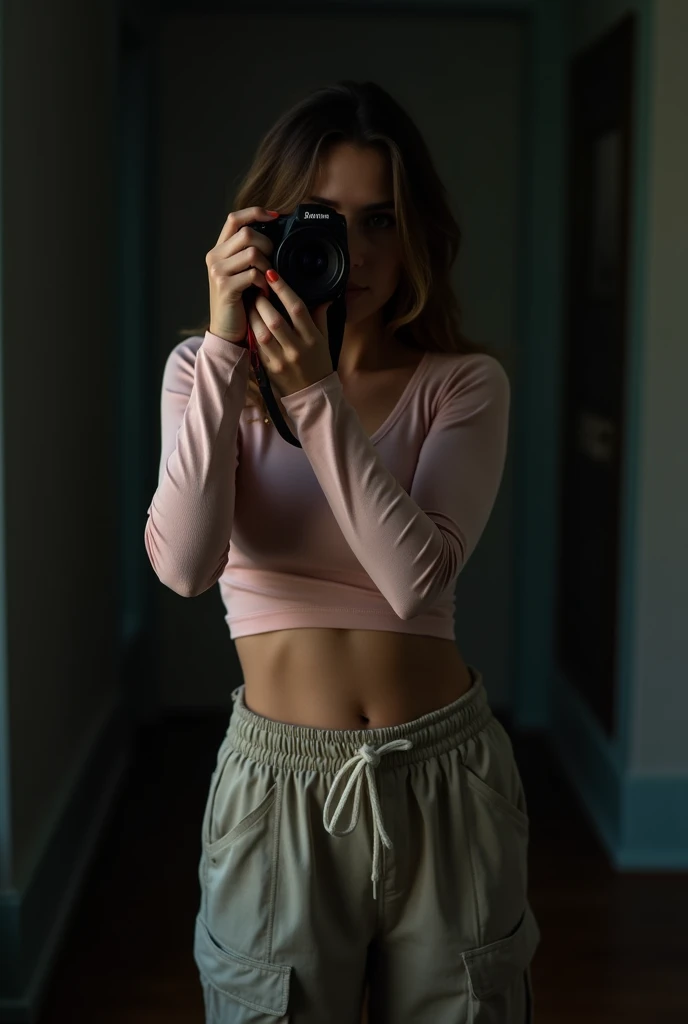 A woman is photographing herself from above with a built-in camera。Women wear loose cargo pants、Wearing a tight light pink long sleeve。The photo is taken from over her shoulder.、Although her face is not shown、The body from the chest down is in the frame。The background is a dark room、The overall composition gives off a casual vibe、Highest quality、