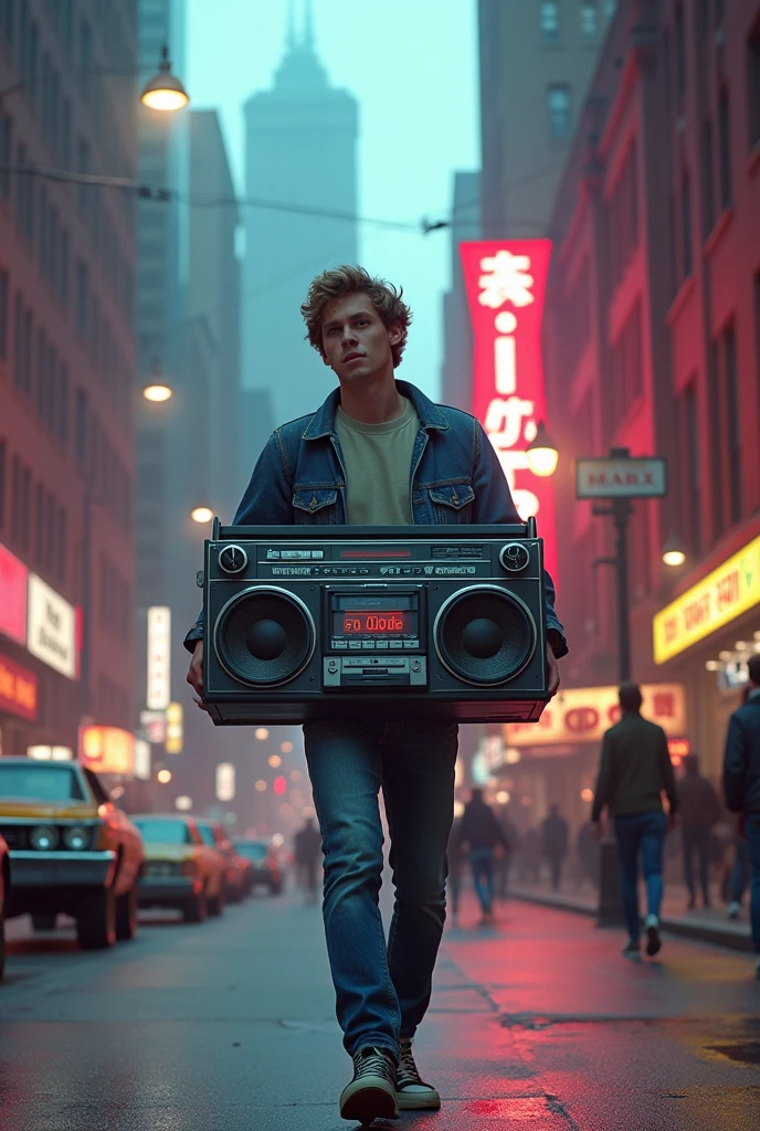 Man listening to boombox in the 80s on the streets