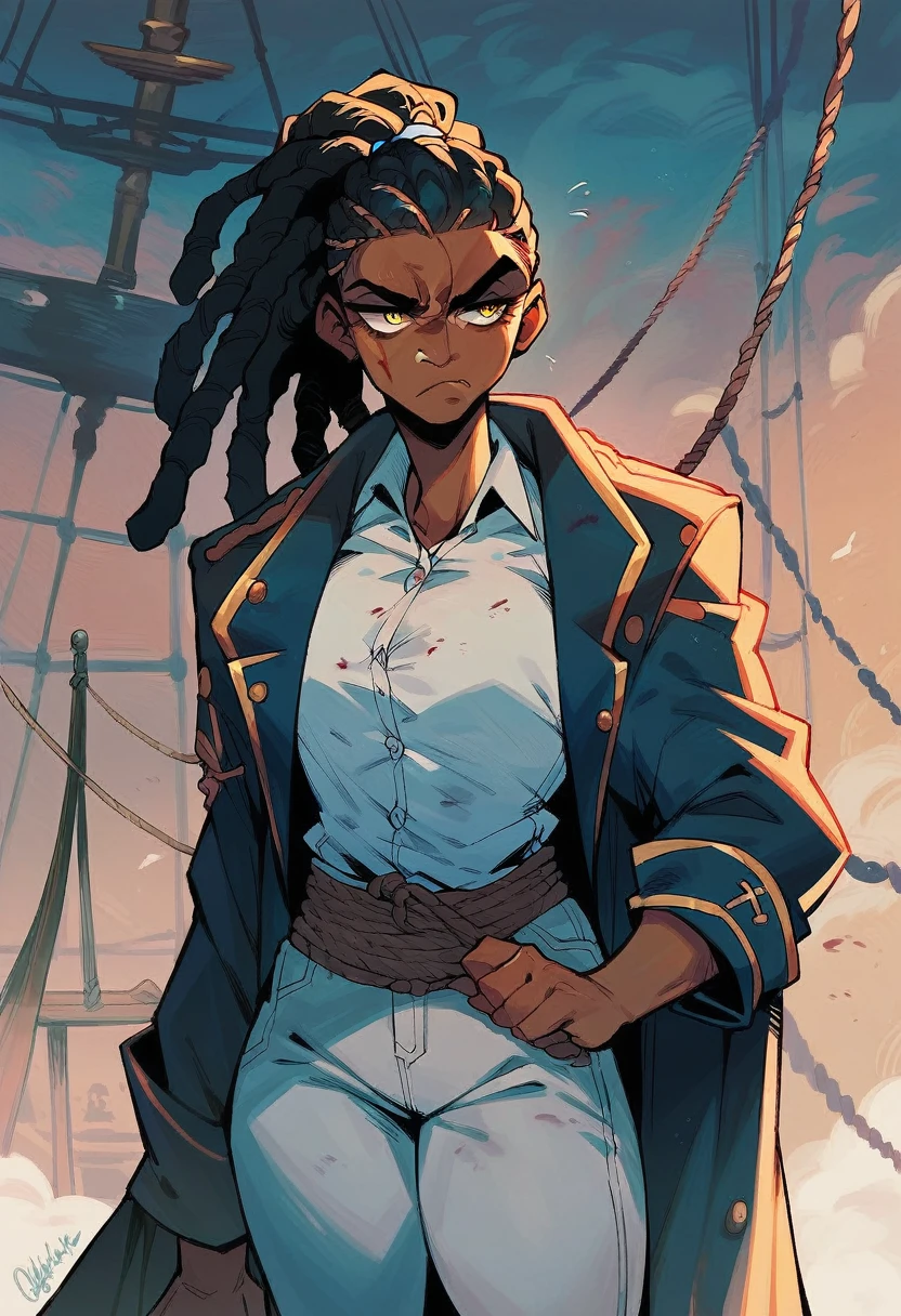 black pirate woman with long dreadlocks tied in a ponytail, yellow eyes, blue blood stained coat, white pants, white shirt, serious face, stormy weather, dark sky, on ship,