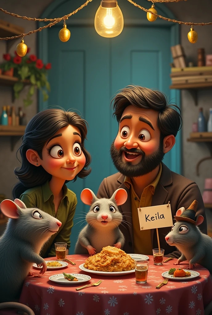 A Christmas feast consisting of two sewer rats, a caramel dog, a 34-year-old man with dark hair and brown skin, a 60-year-old woman, the rats with a sign that says Henrique and the other Lucas, and the caramel dog with a sign that says Keila.