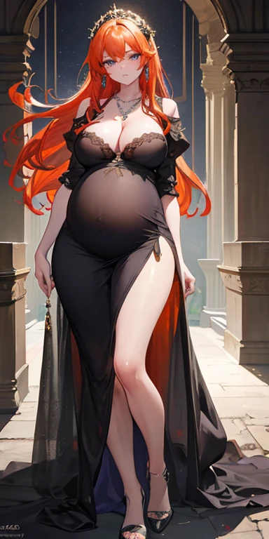 Castle wall as background, pregnant fashion model posing, (photorealistic:1.4), (masterpiece, front lighting, finely detailed beautiful eyes: 1.2), masterpiece*portrait, realistic, 3d face, glowing eyes, shiny orange hair, lustrous skin, solo, embarrassed, black dress, absolute_cleavage, necklace, emerald_earrings, pregnant