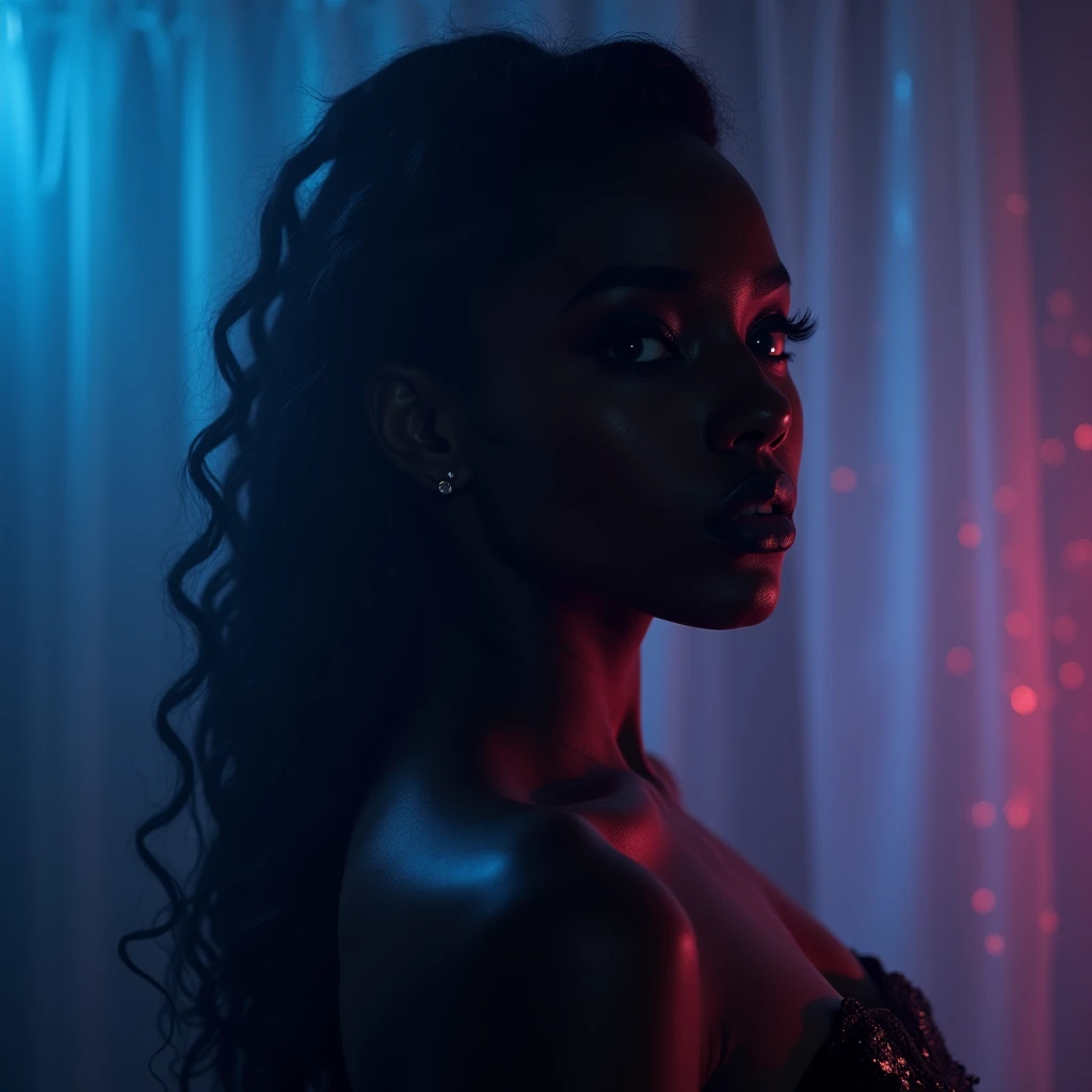 jeune et superbe femme noire est enveloppée d'un éclairage tamisé et tamisé, ponctué d'accents lumineux et fluorescents, créant un sentiment de mystère et de malaise