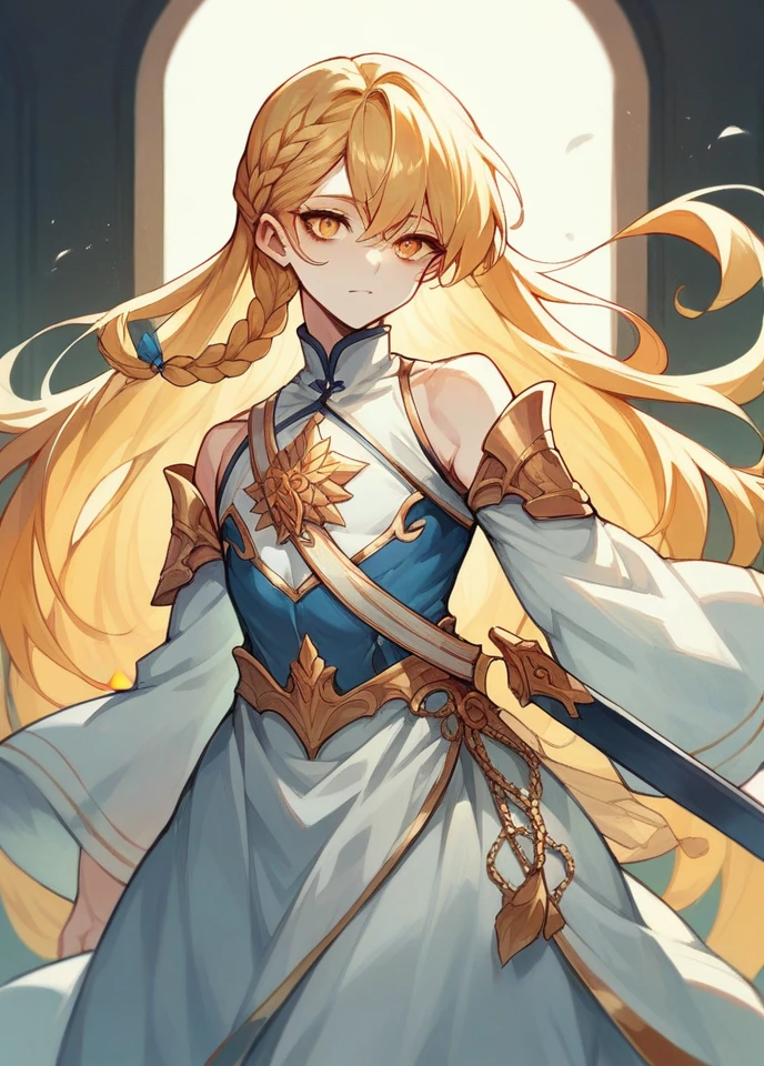 A femboy, Wearing royal blue and white clothing, with Light sword with very Long golden hair in a braid, Golden eyes, pale skin, With a look of love and excitement to the maximum, , training