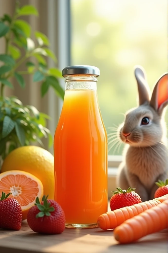 Image with carrot juice in a transparent bottle with a white lid, image of fruit , fruit juice pouring it into a juice jug and a rabbit