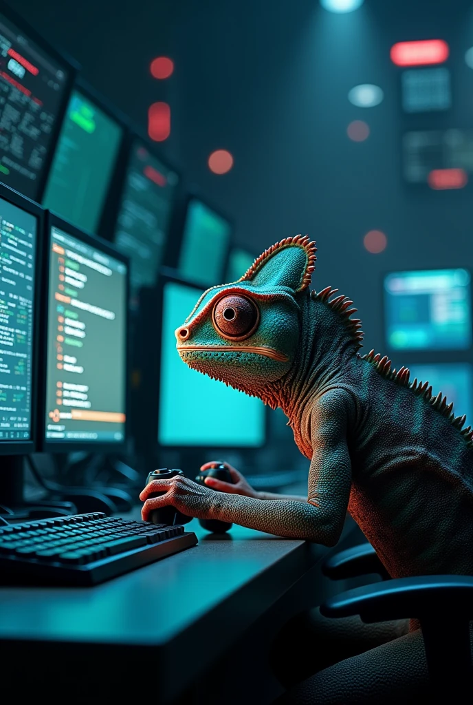 A chameleon in a cybersecurity monitoring SOC playing playstation while working in realistic mode