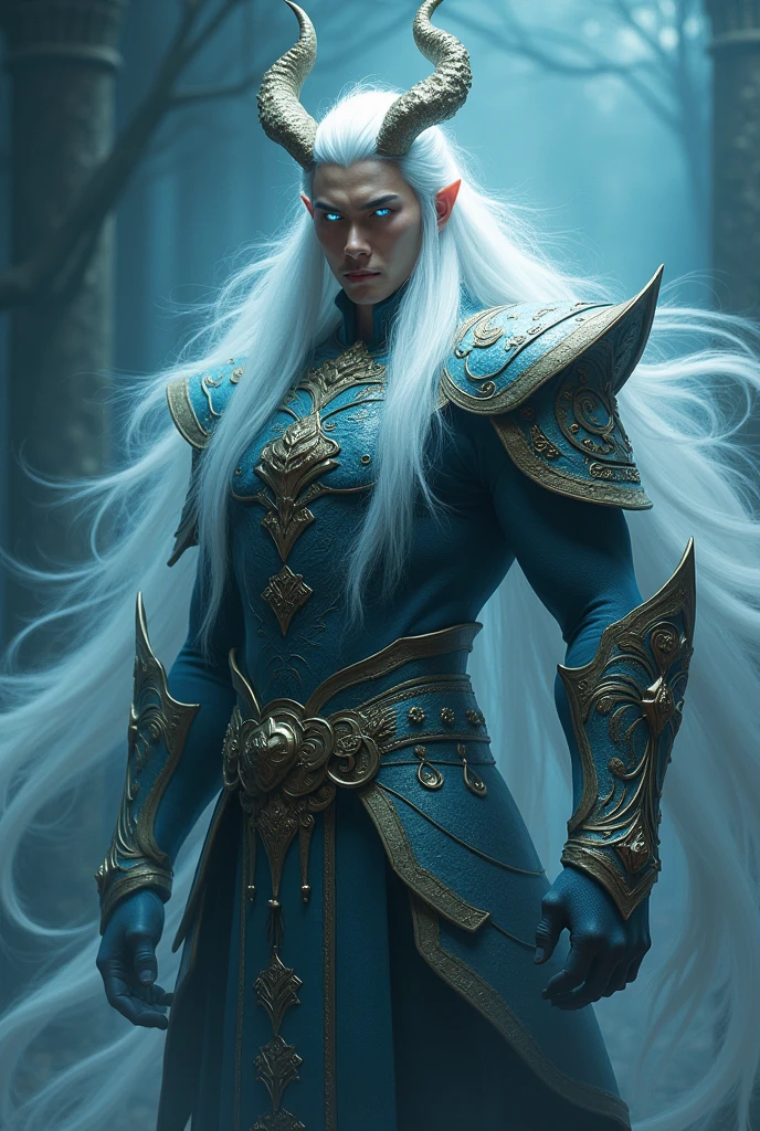 A tall, imposing 24-year-old Asian man with long white hair and handsome man,curved horns. His eyes shine an intense blue, and he wears Asian armor, covered in living shadows that seem to have a life of their own.