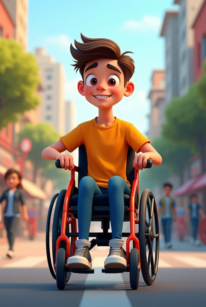 Young man in animated wheelchair