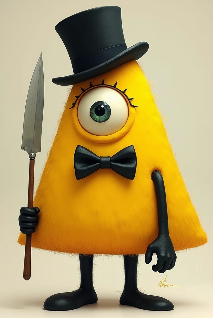 yellow triangle with one eye with eyelashes, bowtie, black tophat, black limbs holding a large dick


