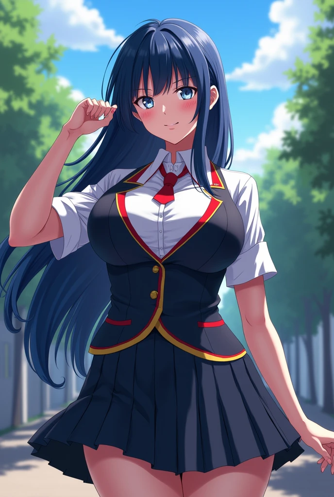 Beautiful girl of average height, dark blue hair , White eyes and very very large breasts, student at the U.A from the anime boku no hero academia