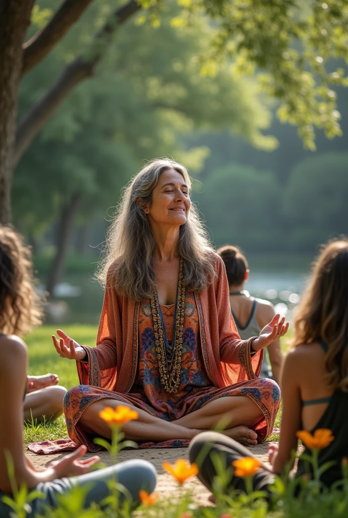 67-year-old lady of Mexican nationality, who is hippie and bohemian gives her meditation classes in the park,