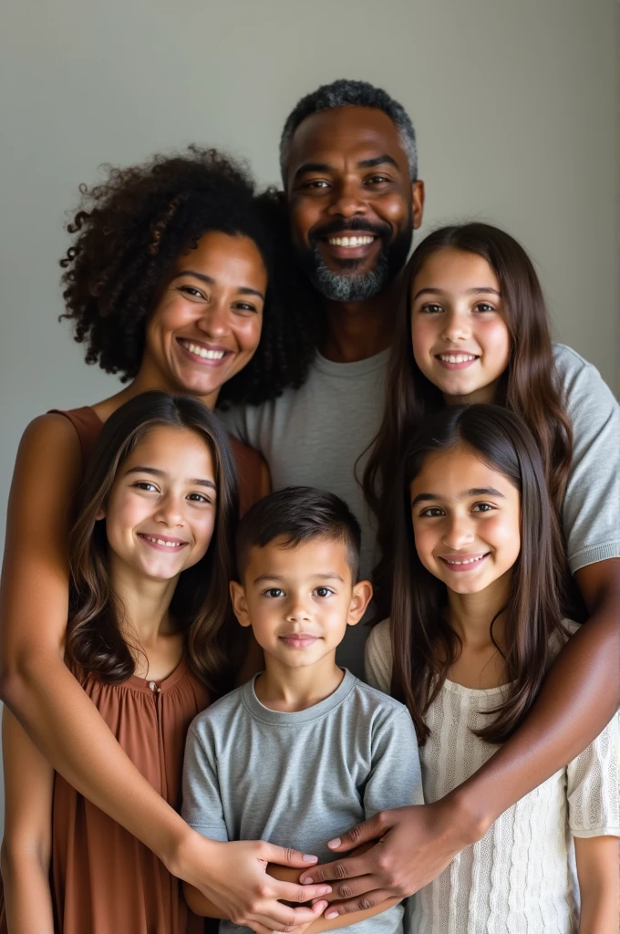 A photo of a family where the mother is 53, curly and gray hair, the father 62, He is a bit chubby and dark-skinned, the eldest daughter 23, white girl with long straight hair and she is skinny, The next brother is 2, dark-skinned and bearded, another 21 year old sister with man-length hair and finally a 16 year old girl with long brunette hair