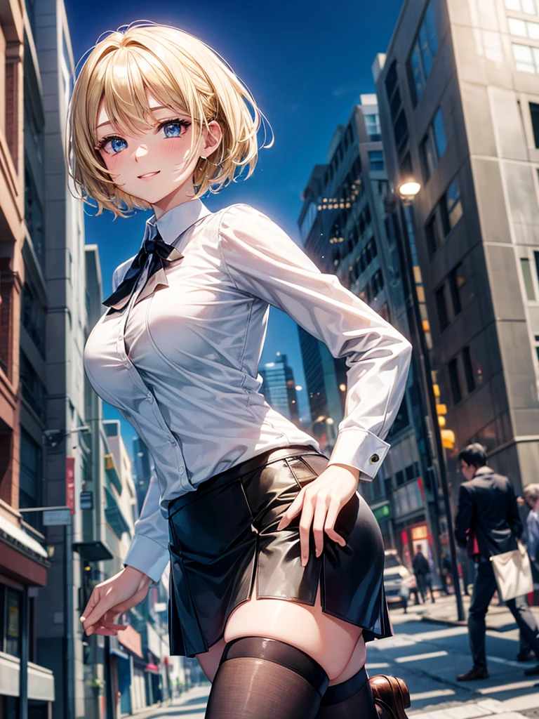 Anime style, super fine illustration, highly detailed, beautiful detailed, pale tone image, static representation, gentle expression, 8k, pretty 1girl with blonde straight short hair & blue eyes & a bright smile & full bust & soft fair skin is wearing big white business shirt not to show her skin & black tight skirt & 1business bag, on the business building street, in the morning, brilliant particles of lights, romantic stories, happy stories, solo, perfect fingers, perfect arms, perfect legs, masterpiece.