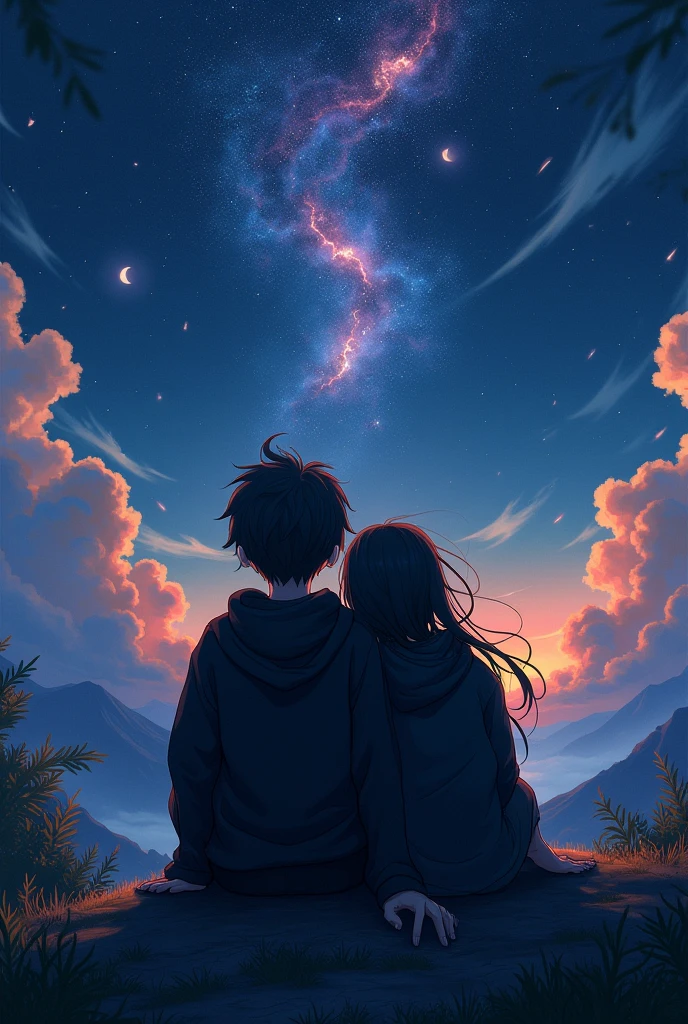 (photorealism:1.2),a boy and a girl sitting
on top of a mountain, wearing black hoodie, boys have long hair, girl lying her head on the boy's shoulder, both looking at the sky, darkish sky, half moon , broken star, clouds, sky full of stars, nebula on sky view from back, leaves are flowing