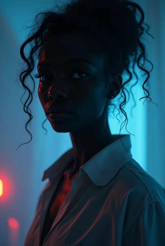jeune et superbe femme noire est enveloppée d'un éclairage tamisé et tamisé, ponctué d'accents lumineux et fluorescents, créant un sentiment de mystère et de malaise