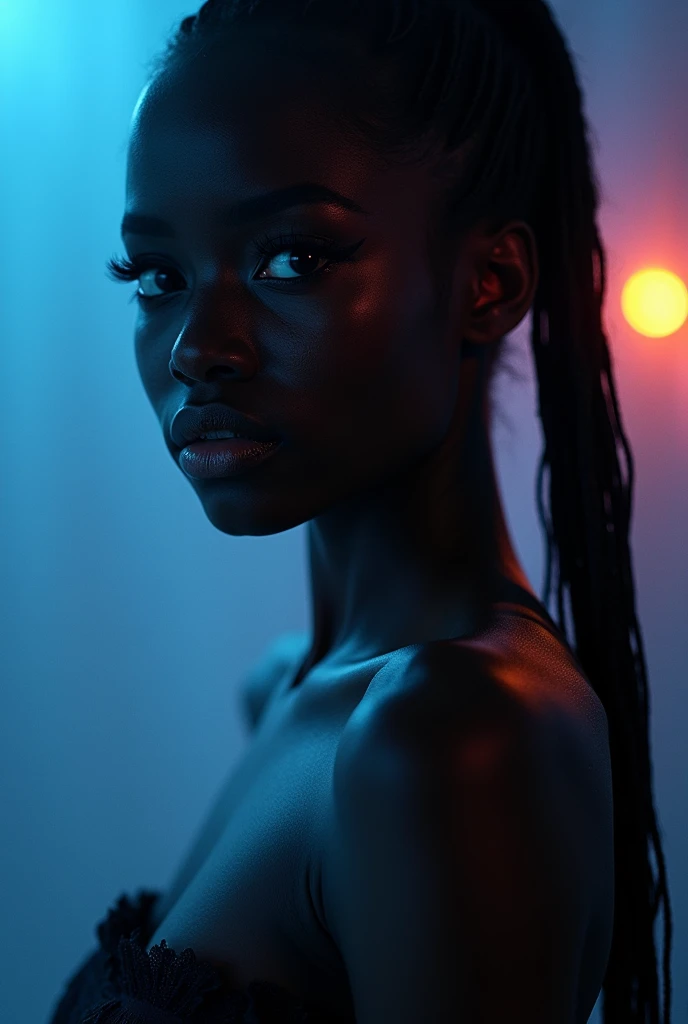 jeune et superbe femme noire est enveloppée d'un éclairage tamisé et tamisé, ponctué d'accents lumineux et fluorescents, créant un sentiment de mystère et de malaise