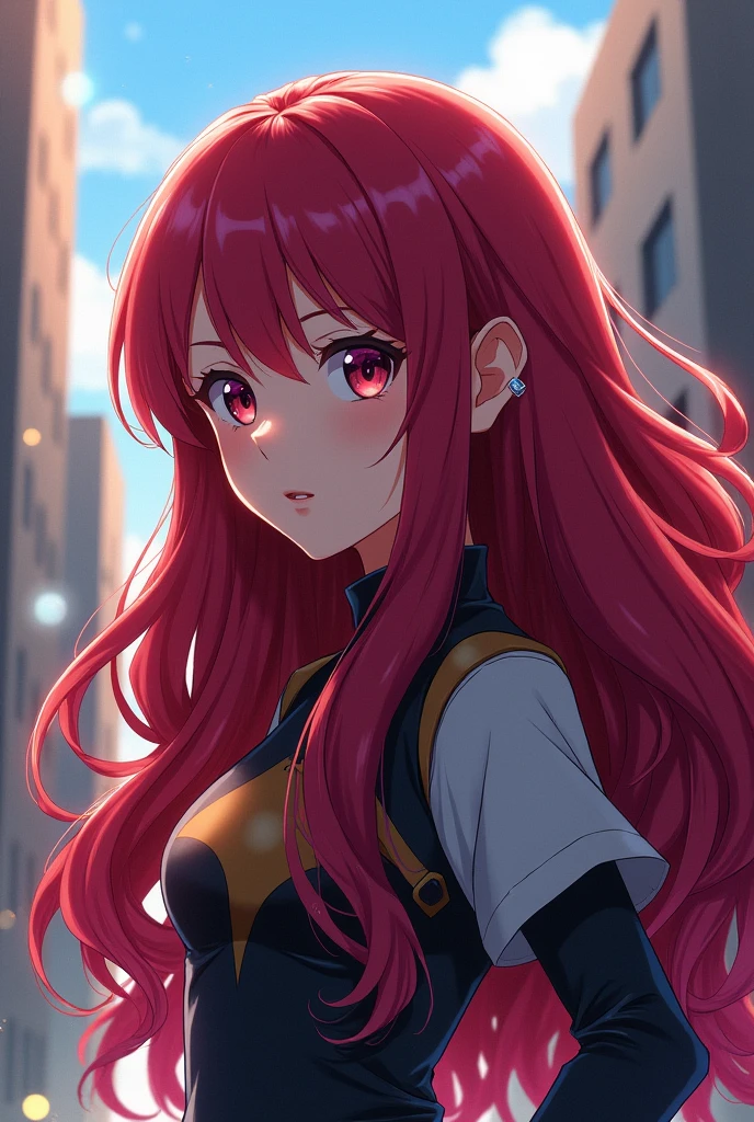 Create a girl with long, wine-colored hair in the style of Boku no Hero Academia