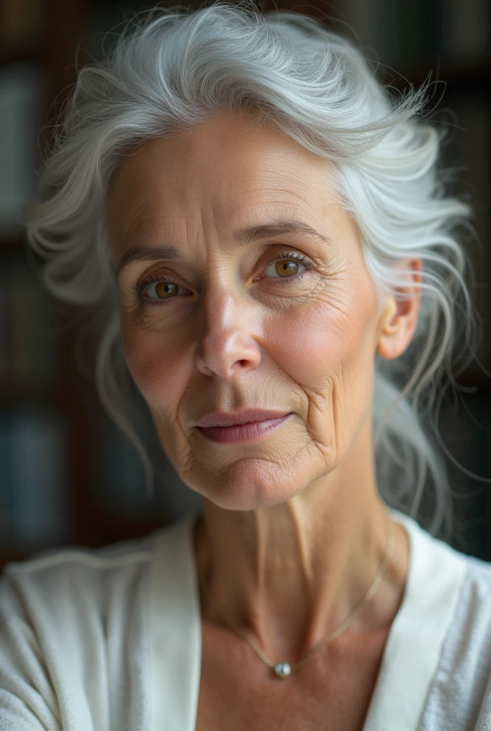 Crie uma mulher branca, she has white hair with a little gray, She has dark brown eyes