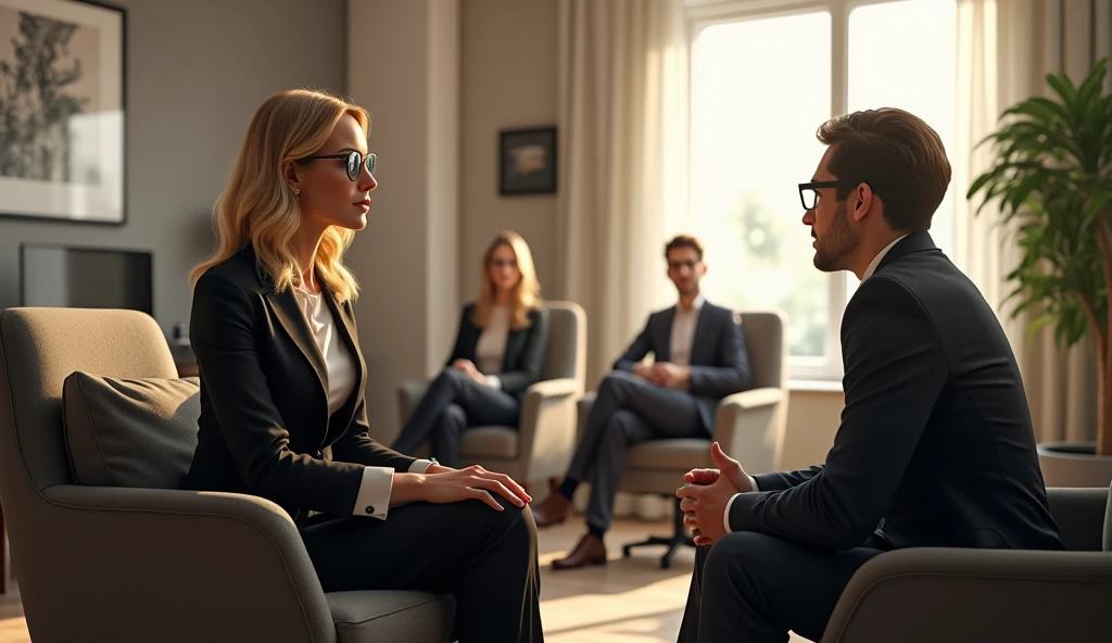 Create an image of a Tech office with a name sign "Tech House". The atmosphere is chic and cozy, with 4 mans and women's siting on sophisticated furniture and a comfortable armchair for the psychologist and another for the patient. There is a stylish plant in the background.

The psychologist is a blonde woman, green-eyed, With shoulder-length hair, and an athletic build. she wears glasses, is wearing a suit and is sitting in the armchair, attending to a patient whose face is not visible. 