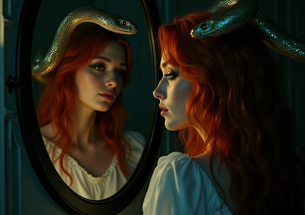 red-haired woman,looking in the mirror and a snake appears,deep in the darkness 