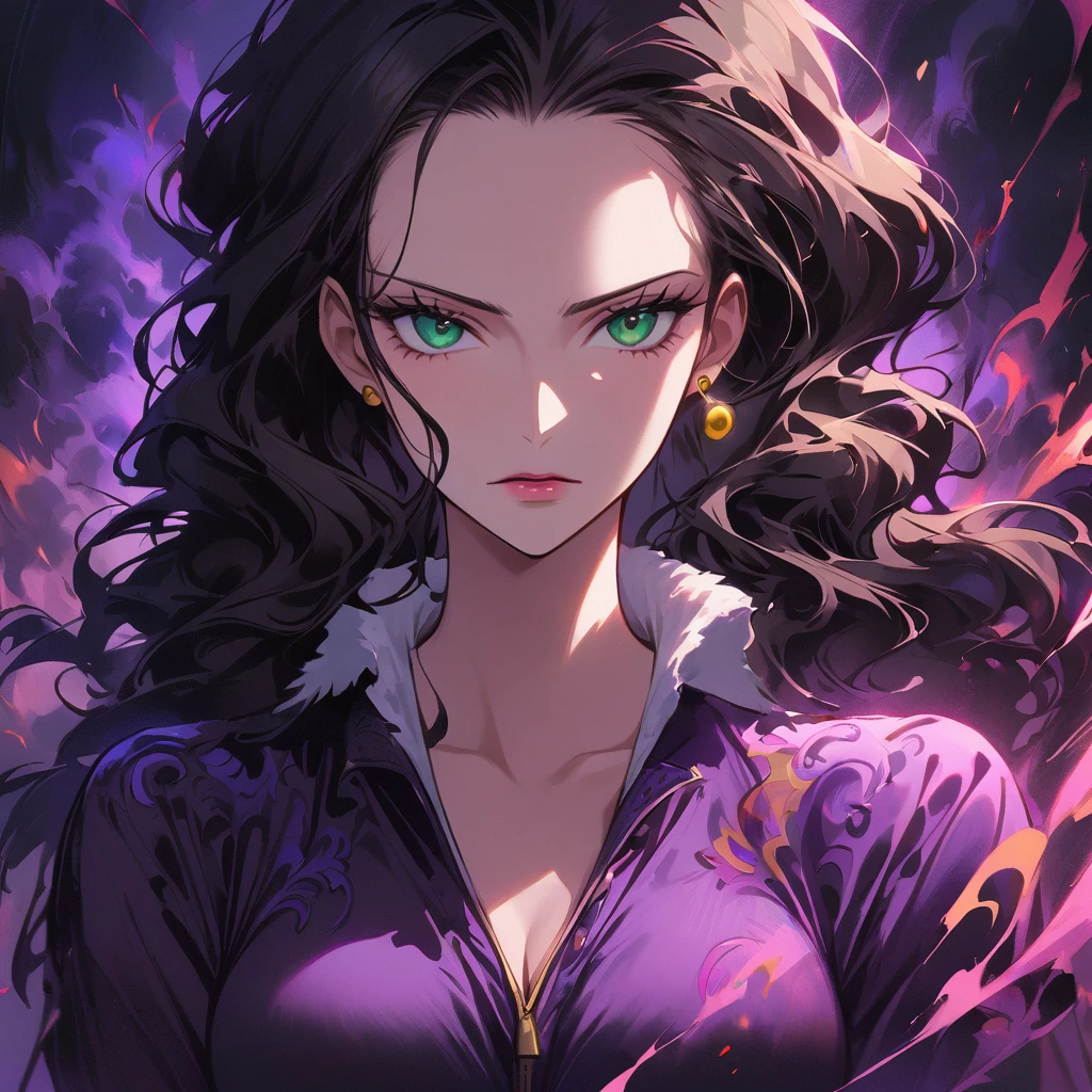 1girl, Nico Robin from One Piece, center, serious face, black hair, green eyes, wearing a purple dress with a white collar, and a yellow earring, standing in a dark background