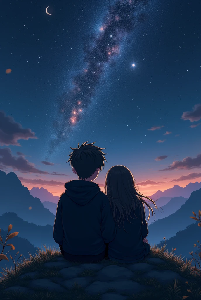(photorealism:1.2),a boy and a girl sitting
on top of a mountain, wearing black hoodie, boys have long hair, girl lying her head on the boy's shoulder, both looking at the sky, darkish sky, half moon , broken star, sky full of stars, nebula on sky view from back, leaves are flowing