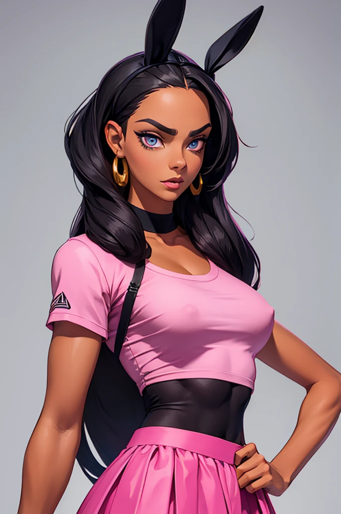 Beautiful 40 year old woman, serious expression, cara de she had persona, she had, very beautiful, thick and big lips, pretty eyes and lazy eyelids, evil face, full frontal view, Front view, Whole body, Pink fitted t-shirt with neckline, pink tight skirt, perfect body, big perky tits, small nose, by the wide, Long hair, black fur, king, tanned skin