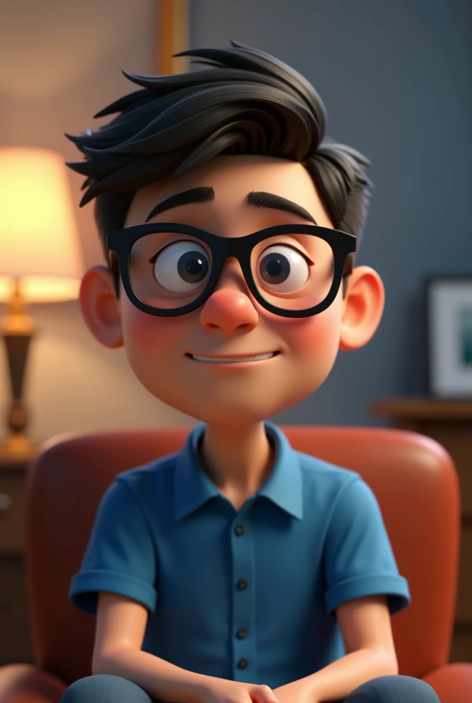 Cartoon character of a man in black glasses and blue shirt, an animated character, stylized character, animation style rendering, 3d stylized, Arnold Maya rendering, Stylized 3D rendering, toon render screenshot, 3d character, 3d character, Stylized 3D rendering, 3D character rendering, cartoon character, Personagem de close up, character posing, (Pixar-style) (master part:1.2) (bokeh) (best qualityer) (skin detailed) (detailed texture) (8k) (Argilla) (cinematic lighting) (sharp focus,Sit down and lift your upper body