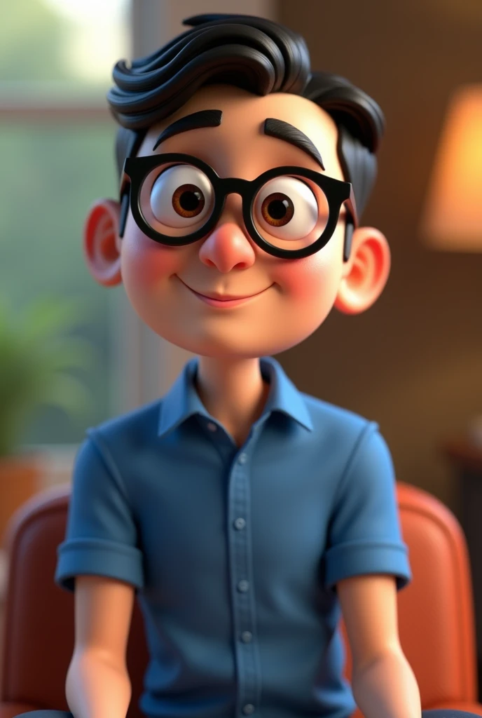 Cartoon character of a man in black glasses and blue shirt, an animated character, stylized character, animation style rendering, 3d stylized, Arnold Maya rendering, Stylized 3D rendering, toon render screenshot, 3d character, 3d character, Stylized 3D rendering, 3D character rendering, cartoon character, Personagem de close up, character posing, (Pixar-style) (master part:1.2) (bokeh) (best qualityer) (skin detailed) (detailed texture) (8k) (Argilla) (cinematic lighting) (sharp focus,Sit down and lift your upper body