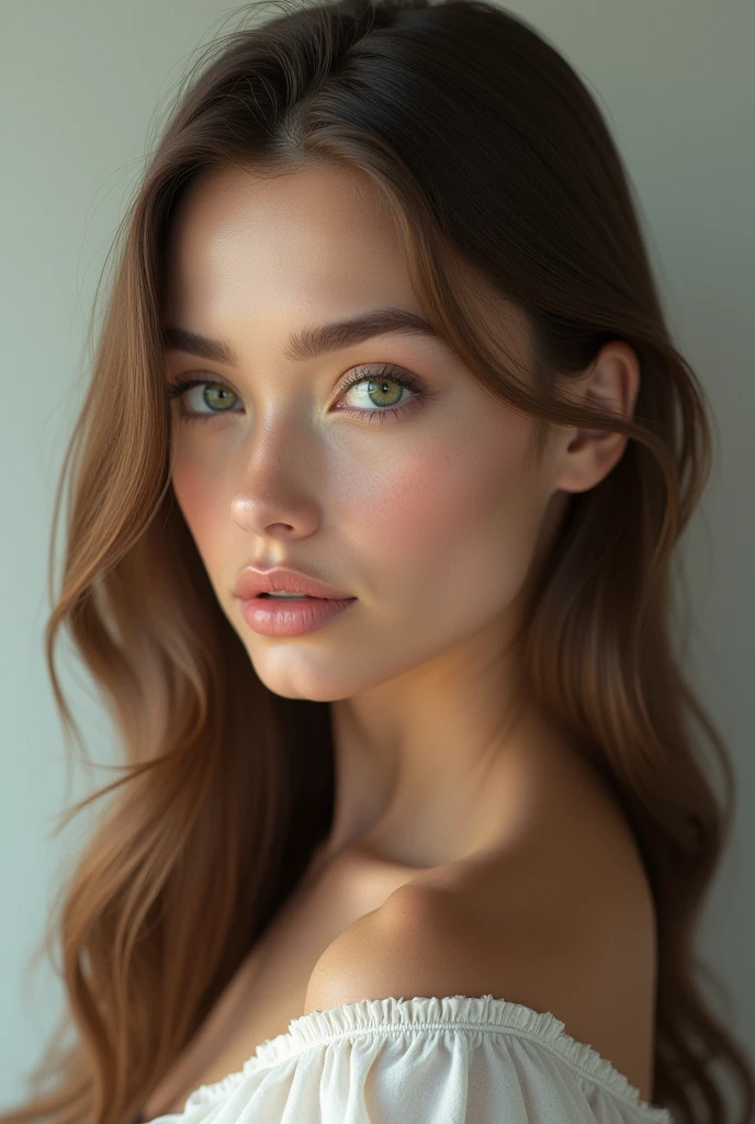(photo realism 1.2) Pretty, very realistic woman with a square jaw, a thin, closed mouth and a smooth chin. Very detailed dark green eyes and light brown hair that is smooth and long to the collarbones. very detailed
