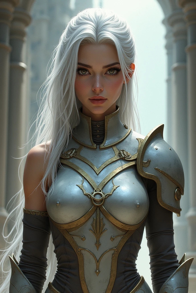 Crie uma mulher branca, she has white hair with a little gray, She has dark brown eyes, She wears light armor with a moon symbol on her left chest.